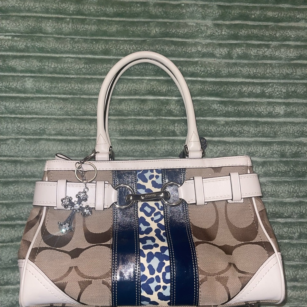 Coach Hampton Brown Canvas Purse– Blue/White Cheetah Stripe With Hangtags (2008)